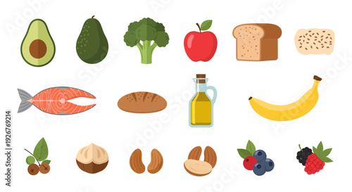 Healthy Food Icons Set of Organic Superfood, Fruits, Vegetables, Nuts and Omega-3 Nutrition