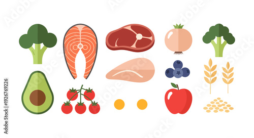 Healthy Food Collection Flat Vector Illustration of Proteins Vegetables and Fruits