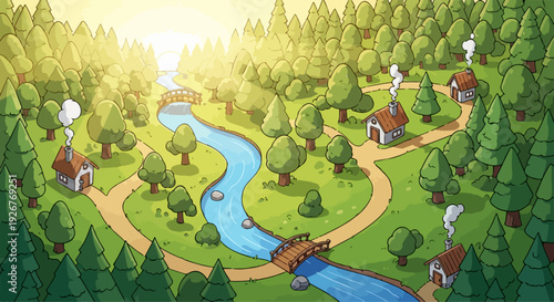 Cartoon Forest Village Landscape with River and Sun
