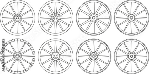 Wagon wheel silhouettes with spoke variations, vintage mechanical artwork, rustic design motif, historical transportation illustration, decorative circular wheel artwork