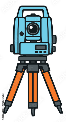Line art illustration of a surveying total station on a tripod for engineering and construction