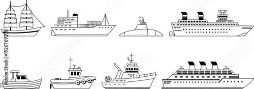 Water vessels silhouettes with sailing ship, cargo ship, submarine, cruise liner artwork, fishing boat illustration, tugboat motif, trawler design