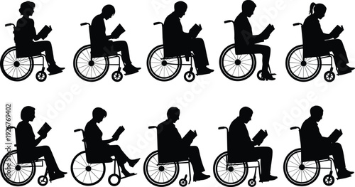 Wheelchair reading silhouettes illustration set, accessibility education vector artwork, inclusive design graphics, disability icons collection, learning lifestyle symbol