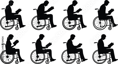 Wheelchair reading silhouettes illustration set, accessibility education vector artwork, inclusive design graphics, disability icons collection, learning lifestyle symbol