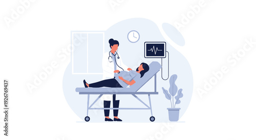 A female doctor wearing a white coat uses a stethoscope to examine a pregnant woman lying on a medical bed in a clinic.