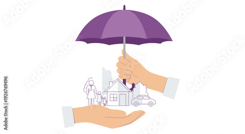Large peach-colored hands hold a purple umbrella over a line-art family house and car against a white background with grey tree silhouettes.