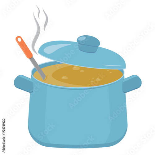 Illustration of soup in a pot on a white background in a vector design, perfect for cooking in a restaurant.