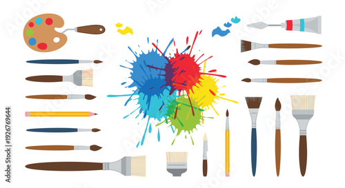 Multiple paintbrushes and a wooden palette surround a large multi-colored paint splash consisting of blue red yellow and green hues on white.
