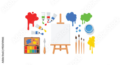 A wooden easel with a blank white canvas is surrounded by colorful paint splashes and various art tools including brushes and a palette.