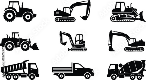 Set of construction machinery silhouettes including excavator bulldozer tractor dump truck cement mixer and heavy equipment vehicles isolated on white background