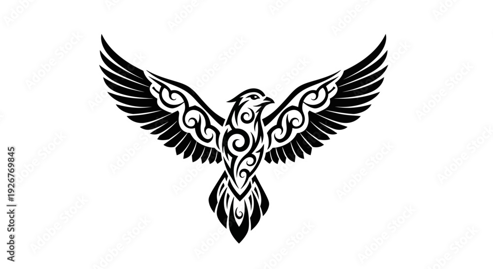Fototapeta premium Black and white tribal eagle with intricate designs and patterns.