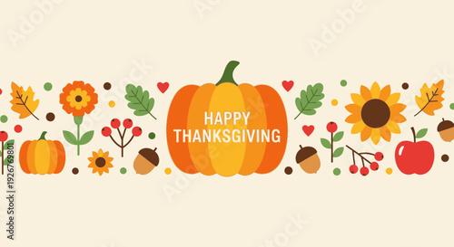 Vibrant Autumnal Thanksgiving Greeting with Pumpkins and Flowers.