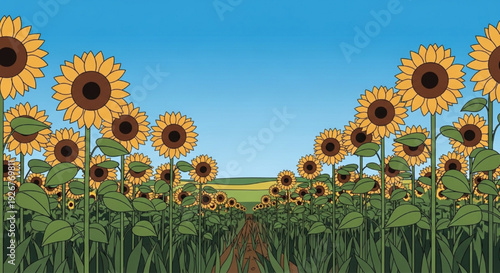 Vibrant Sunflower Field Path Blue Sky - Summer Flower Garden Agriculture Nature Landscape Illustration