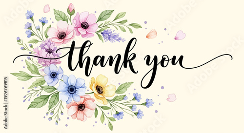 Floral wreath with thank you text in elegant script font.