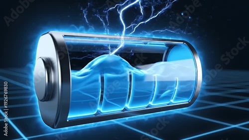3D rendered, semi-transparent cylindrical battery showing 75% charge with blue energy effect