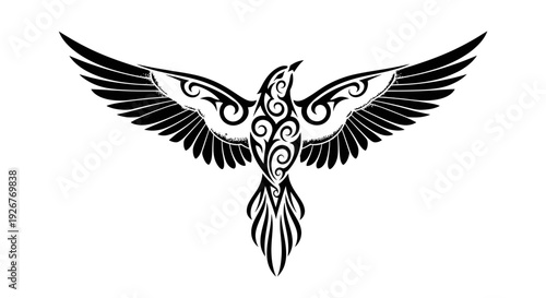 Black and white illustration of a bird with outstretched wings and tribal design.