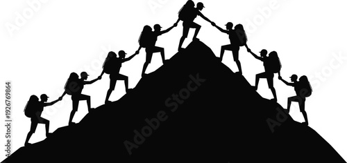 Silhouette of hikers climbing mountain peak helping each other teamwork success concept outdoor adventure trekking expedition leadership and partnership achievement over white background
