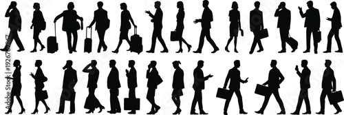 Large collection of black silhouettes featuring professional business men and women walking with suitcases talking on mobile phones and carrying briefcases isolated on white background