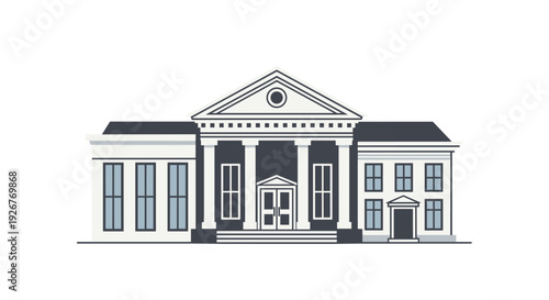 A symmetrical grey and white building with a central portico featuring four white columns and a triangular pediment on a white background.