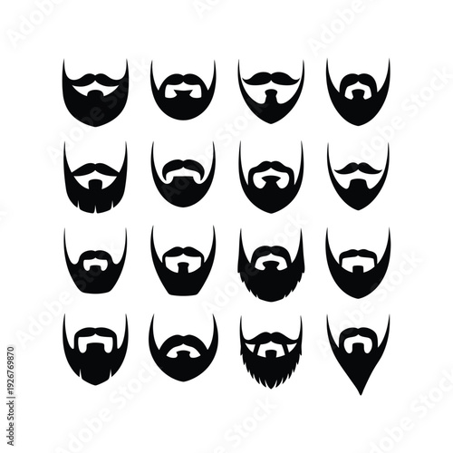 Men beard and mustache silhouette icon set. Facial hair styles vector illustration.