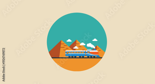 Egyptian pyramids landscape illustration in circular frame.