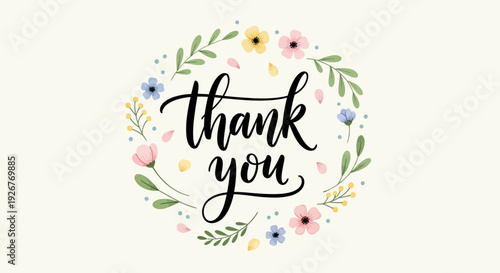 Floral wreath with thank you message in elegant script font.