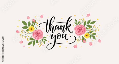 Floral thank you message with pink roses and green leaves.