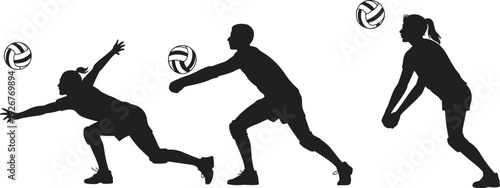 Black silhouettes featuring female volleyball players diving for ball and bumping in active sports poses isolated on white background for athletic competition and team