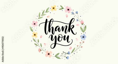 Floral wreath with thank you message in elegant script font.