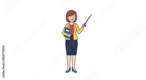 Cartoon illustration of a woman teacher holding a pointer.