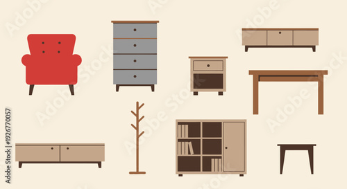 Assorted furniture pieces including armchair dresser and shelving units.