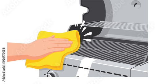 A person wipes the metallic surface of a silver gas grill using a bright yellow cleaning cloth next to the black cooking grates and a circular temperature gauge.