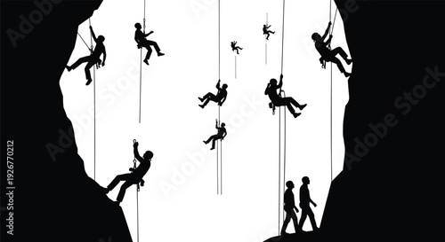 Silhouettes of multiple rock climbers rappelling down canyon cliffs extreme sport adventure teamwork training mountaineering expedition and outdoor challenge concept isolated on white background