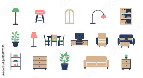 Collection of various furniture and home decor items in a minimalist style.