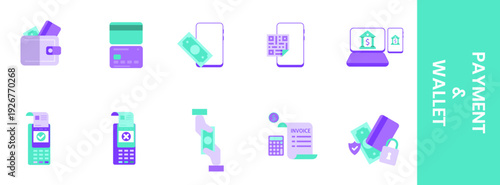 Modern flat icon set illustrating digital wallet and payment methods including cards, cash, mobile transactions, QR code, banking apps, invoice, and secure online payments.
