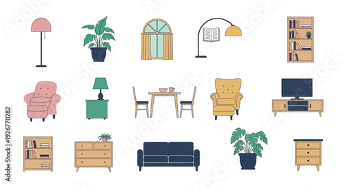 Collection of various cartoon home furniture and decor items.