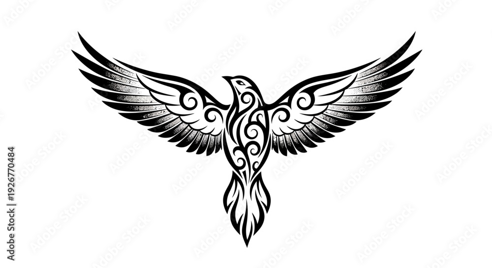 Obraz premium Black and white illustration of a bird with outstretched wings and intricate tribal design.