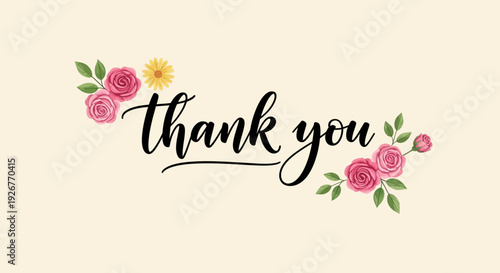 Floral thank you card with elegant cursive script and pink roses.