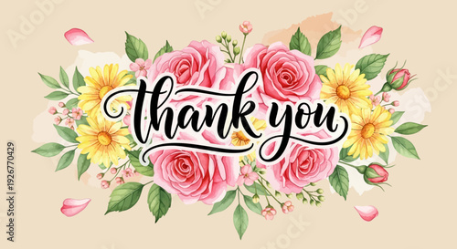 Floral arrangement with thank you text in elegant script font.