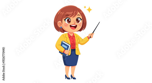Cartoon female teacher holding a book and pointing.