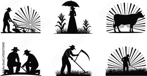 Vintage agriculture silhouettes set with farmers cow crops and rural farming activities isolated on white background traditional countryside life concept