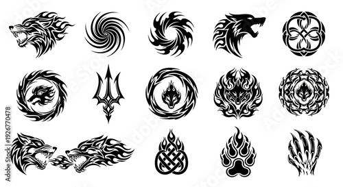 Collection of black tribal emblems and symbols on white background.