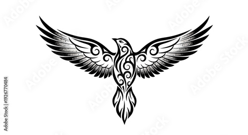 Black and white illustration of a bird with outstretched wings and intricate tribal design.