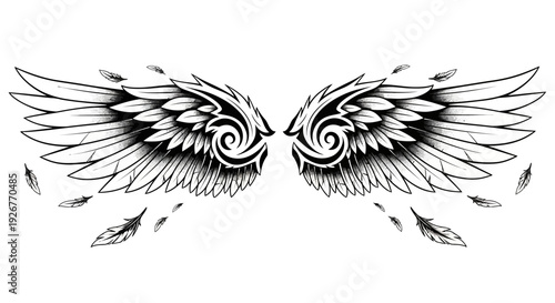 Detailed black and white illustration of angel wings with feathers.