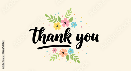 Floral thank you card with colorful flowers and leaves.