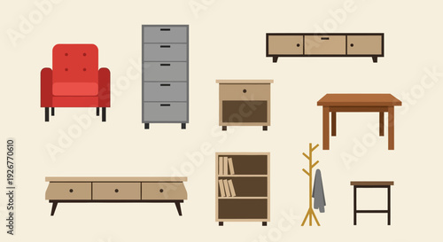 Collection of modern furniture pieces including armchair, dresser, coffee table, and bookshelf.