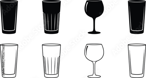 Black and White Glassware Icon Set Featuring Tall Drinking Glasses Fluted Highball Tumblers and Stemmed Wine Glasses in Solid Silhouette and Linear Outline Style