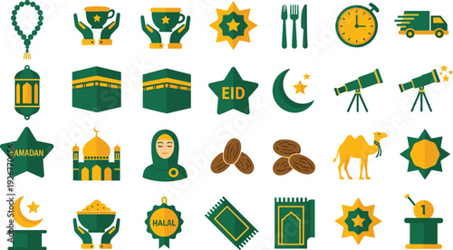 Islamic Festival Graphic Pack with Flat Design Eid Mubarak Banners Mosque Skyline Silhouettes and Green Gold Ramadan Lifestyle Icon Set