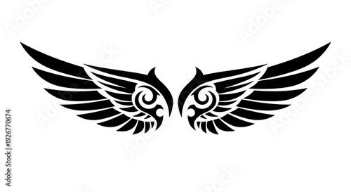 Black and white illustration of symmetrical angel wings with swirling designs.