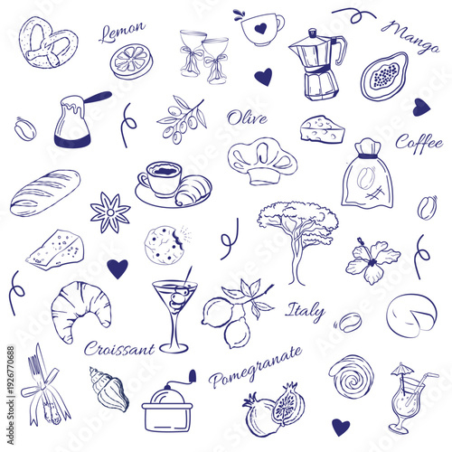 Set of food doodles art. Buns, chef's hat, coffee pot and olive branch for decorating coffee, scrapbooking and other crafts.